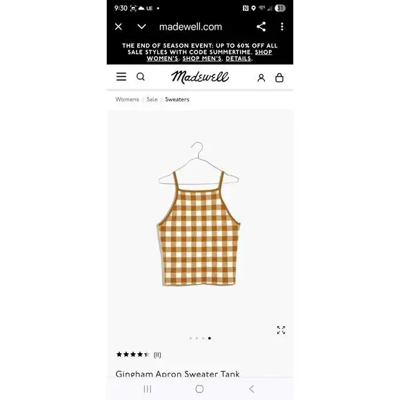 Madewell Womens Gingham Apron Sweater Knit Tank Top Antique Gold Size Large - Picture 2 of 4